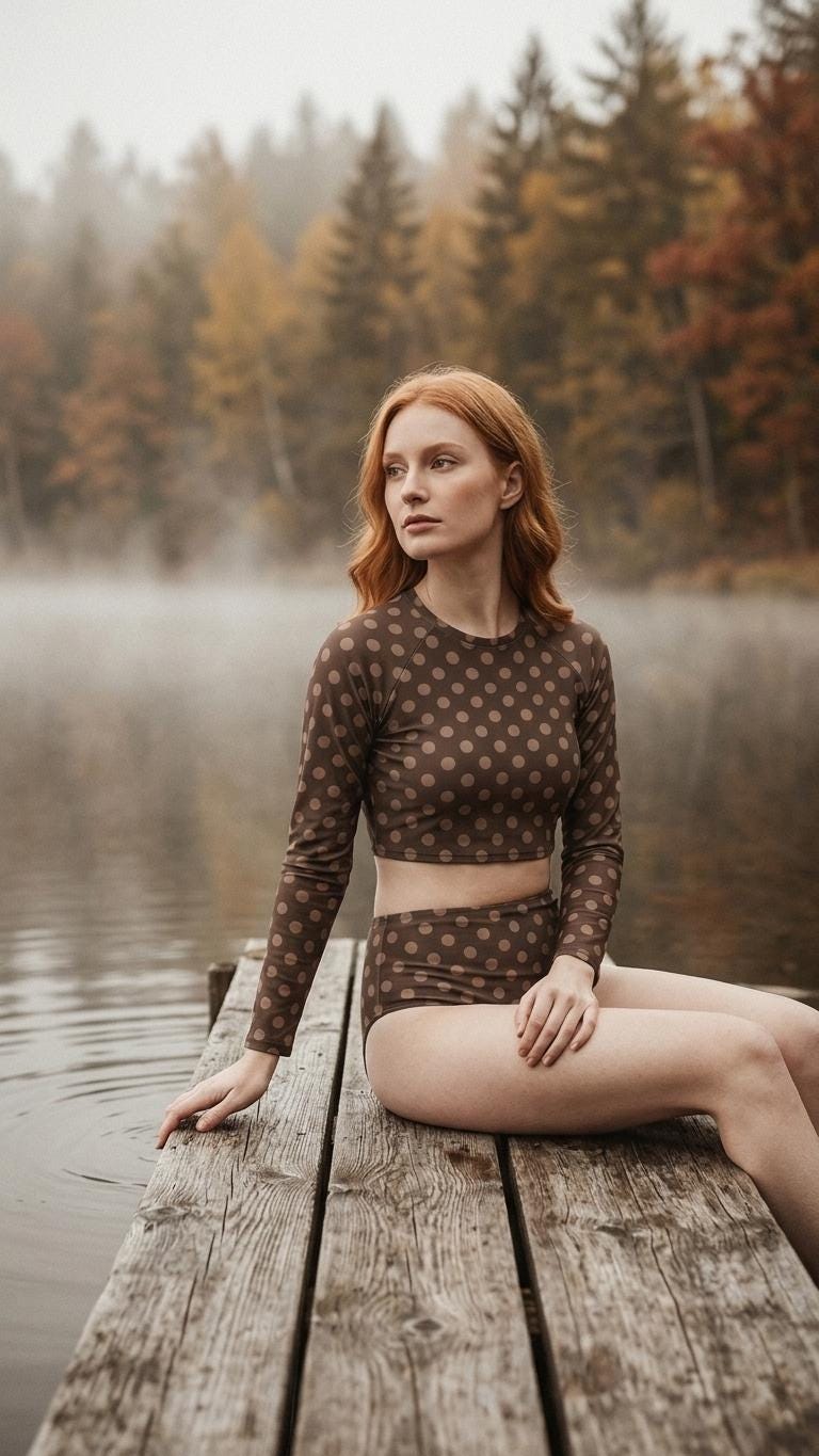 May include: A two-piece swimsuit featuring a long-sleeved cropped top and high-waisted bottoms, both in a dark brown fabric adorned with a repeating pattern of light brown polka dots, designed with a round neckline and fitted silhouette.