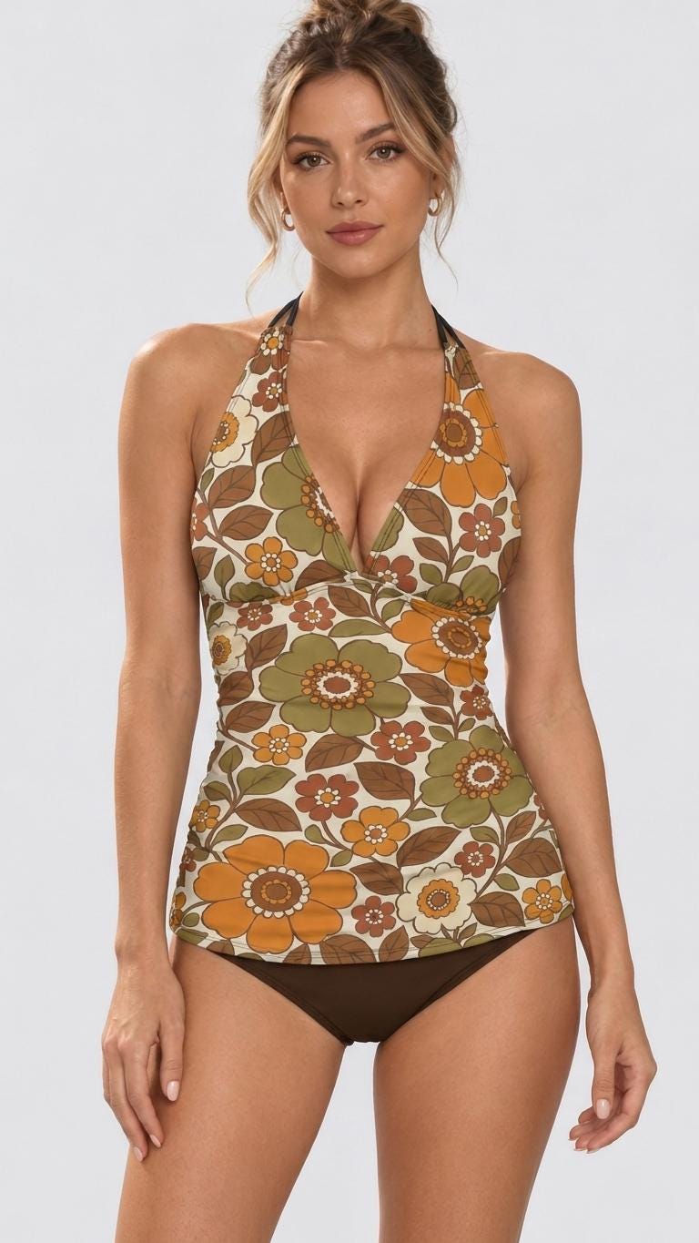 Retro Chic Classic Active Split Surf Tankini Swimsuit - 1970s Vintage Florals