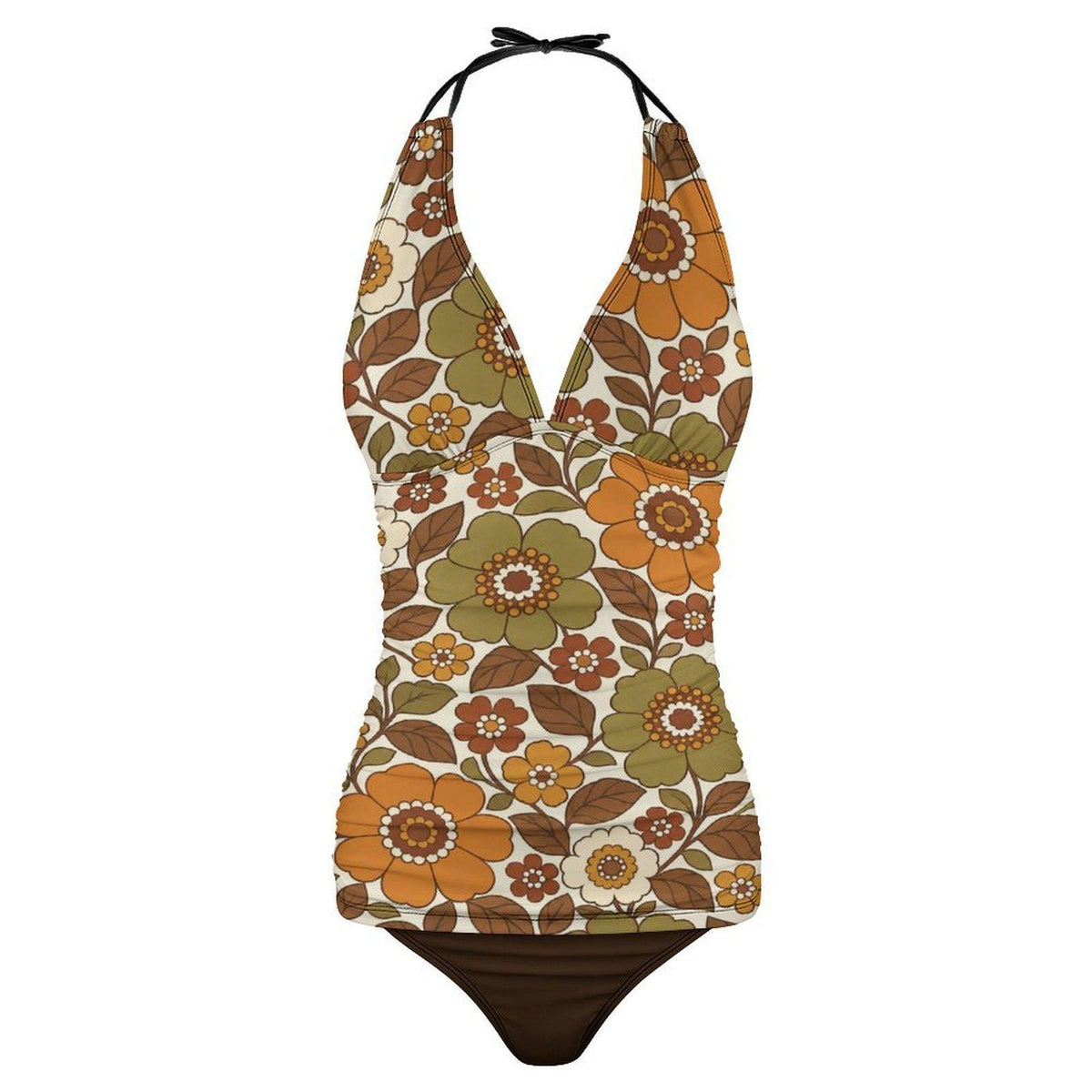 Retro Chic Classic Active Split Surf Tankini Swimsuit - 1970s Vintage Florals