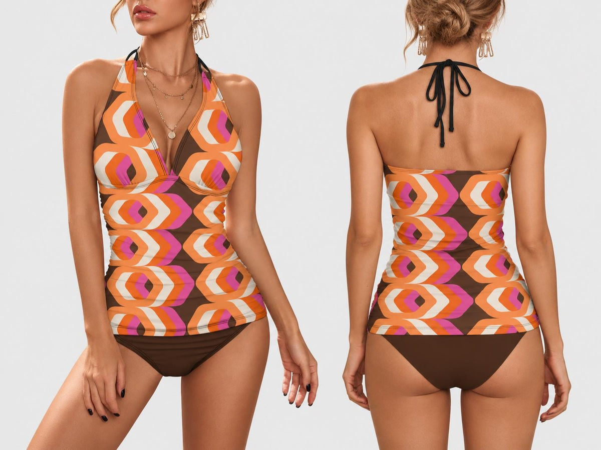 Retro Seventies Adjustable Tankini | V-Neck Split Two-Piece Halter Swimsuit | Mod Mid-Century Print in Brown