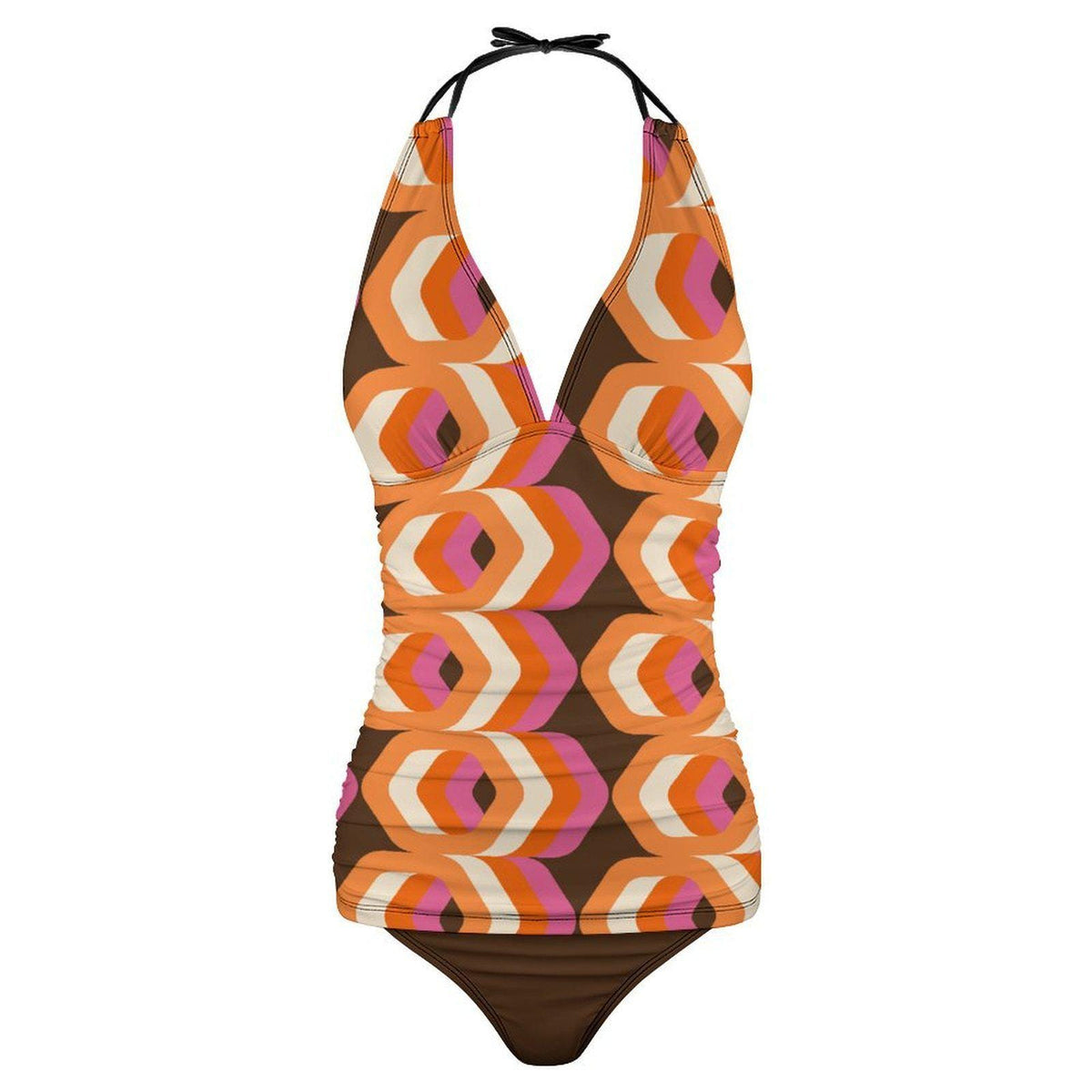 Retro Seventies Adjustable Tankini | V-Neck Split Two-Piece Halter Swimsuit | Mod Mid-Century Print in Brown