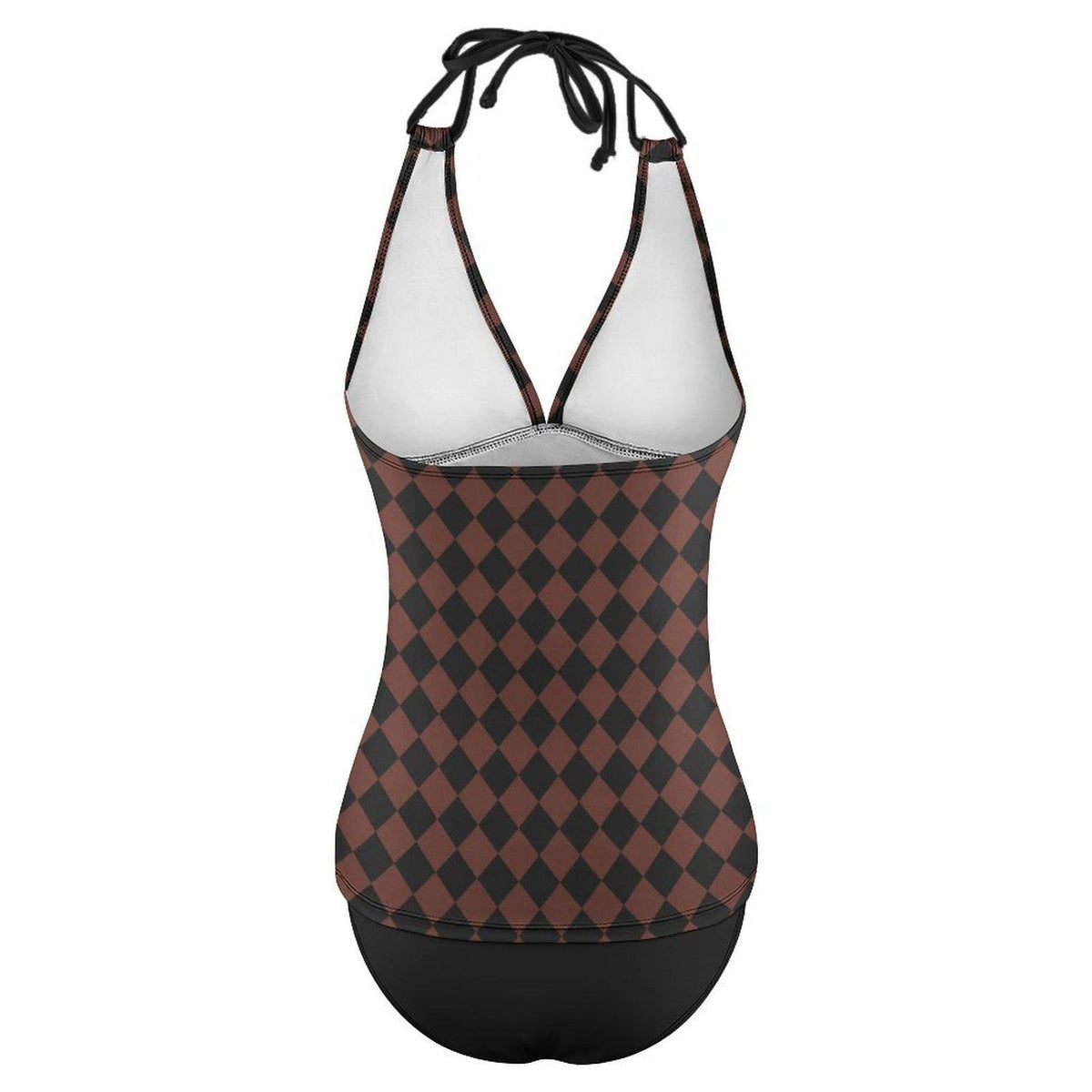 Retro Seventies Adjustable Tankini | V-Neck Split Two-Piece Halter Swimsuit | Mod Mid-Century Print in Brown