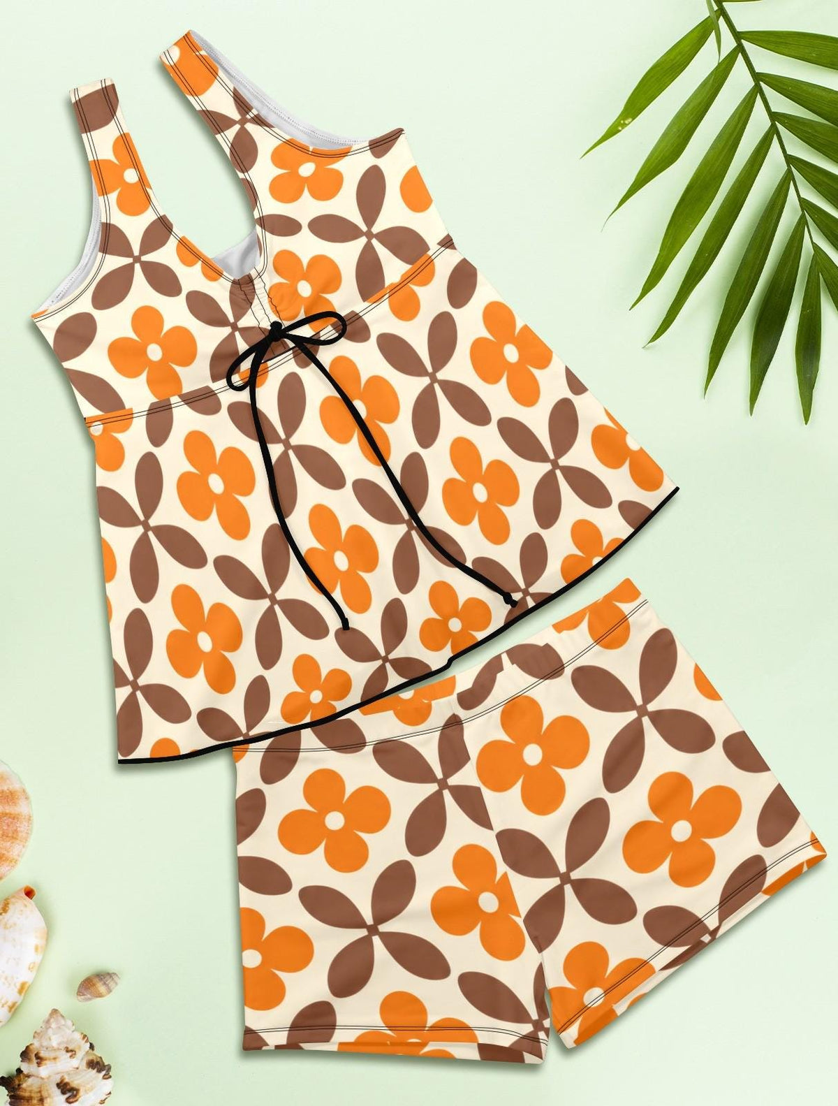 Drawstring Tankini Two-Piece Swimsuit with Swim Shorts, Retro Mid-Century Mod Print