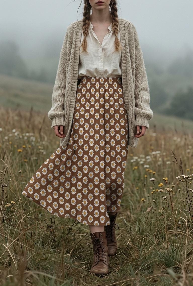 Brown Floral High Waist Maxi Skirt, Vintage Inspired Boho Long Skirt