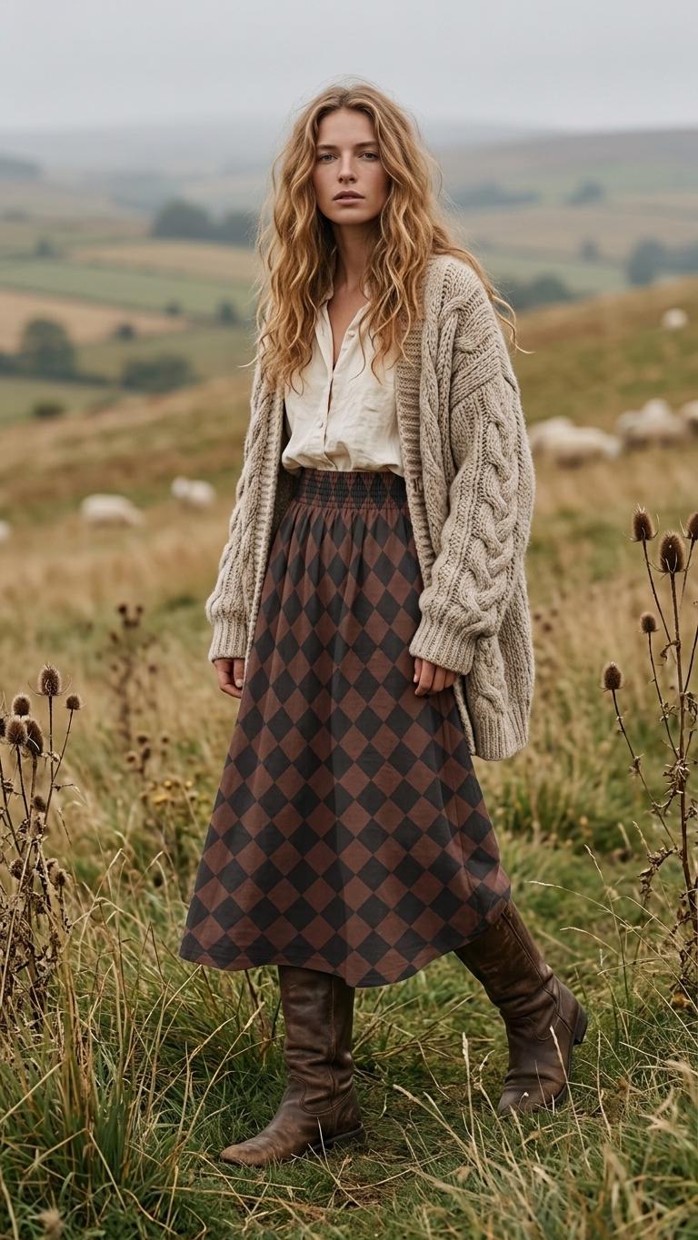Brown Diamonds High Waist Maxi Skirt, Vintage Inspired Boho Long Skirt