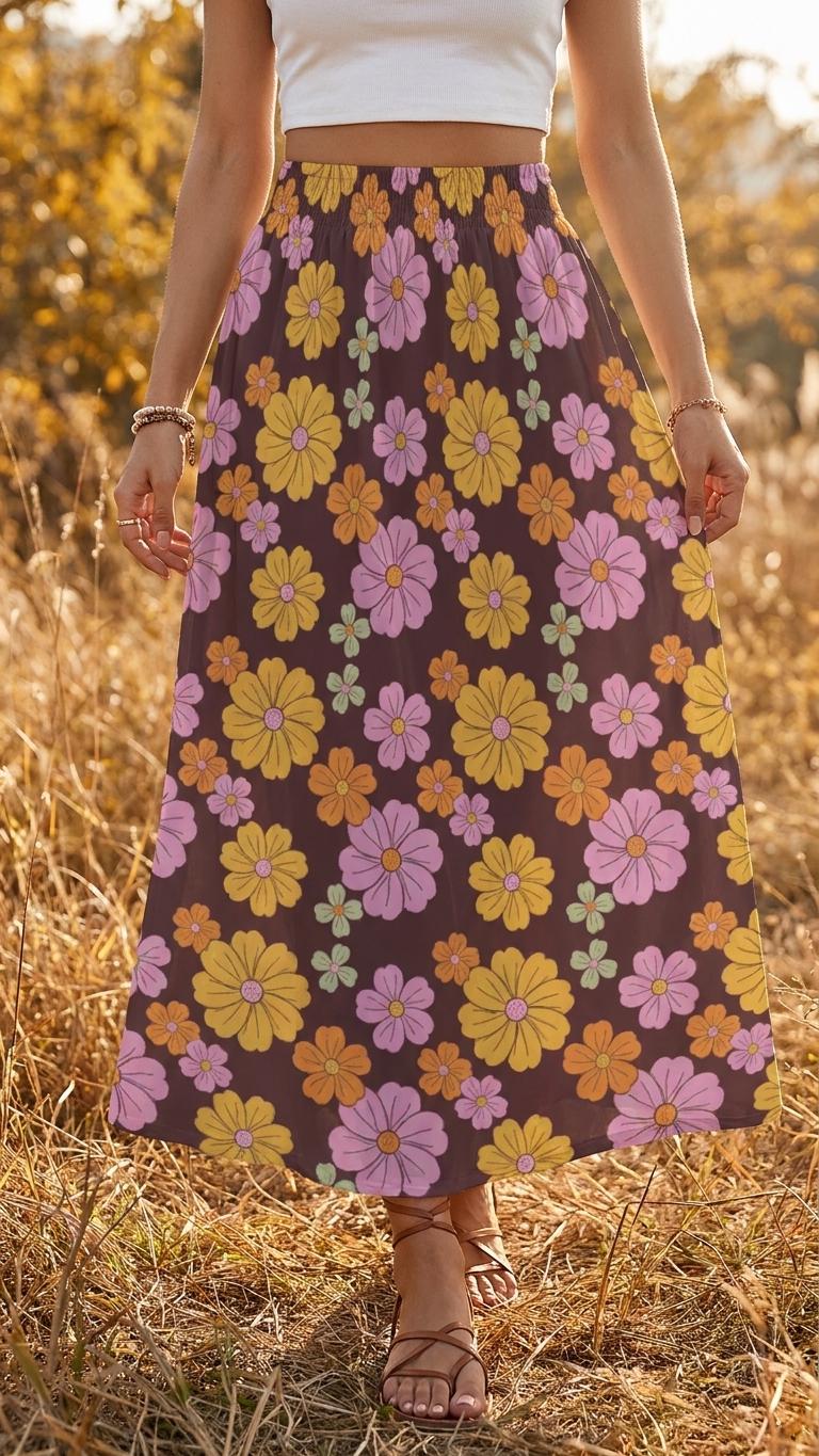 Brown 1970s Florals High Waist Maxi Skirt, Vintage Inspired Boho Long Skirt