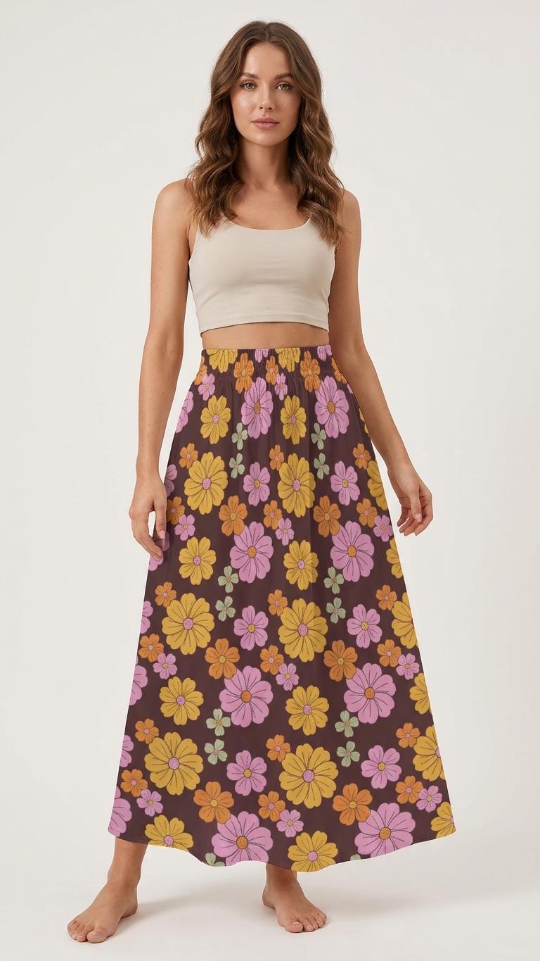Brown 1970s Florals High Waist Maxi Skirt, Vintage Inspired Boho Long Skirt