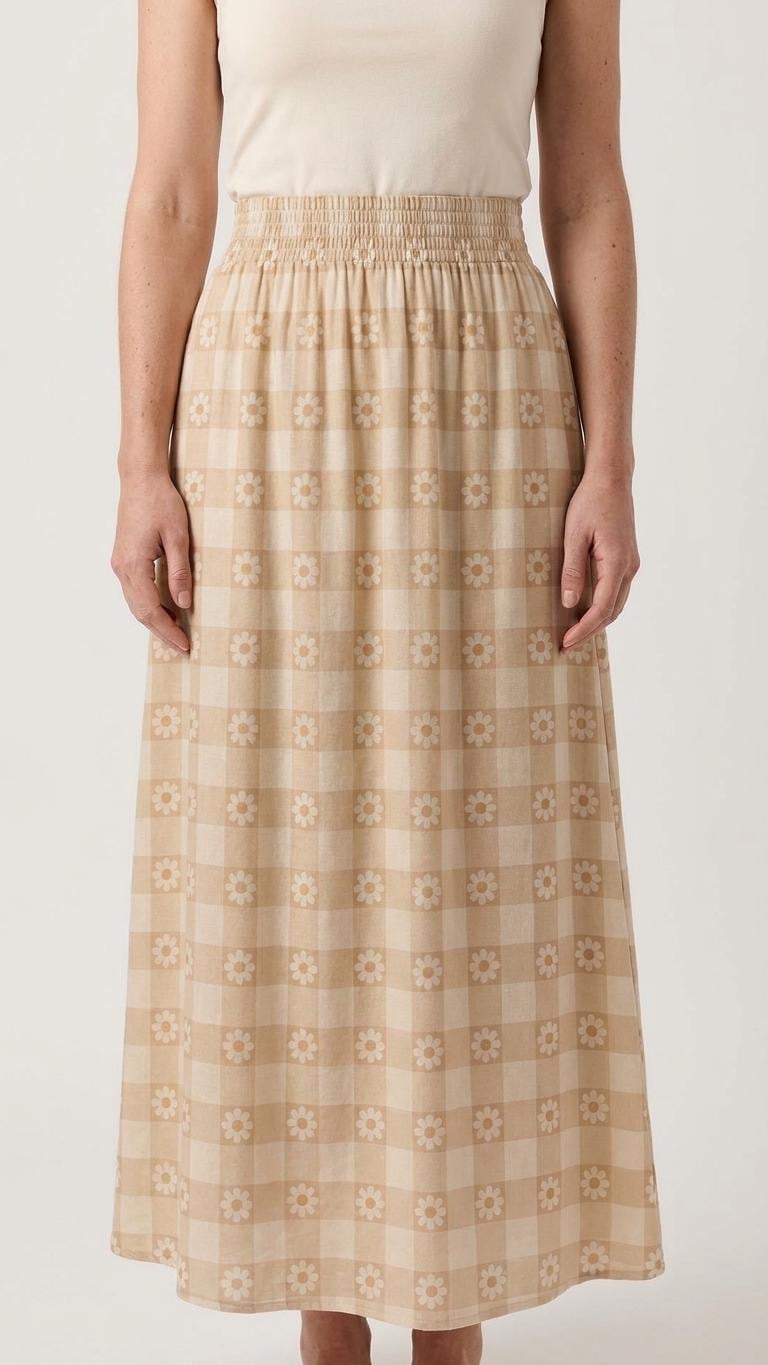 Beige Checks with Daisies High Waist Maxi Skirt, Vintage Inspired Boho Long Skirt