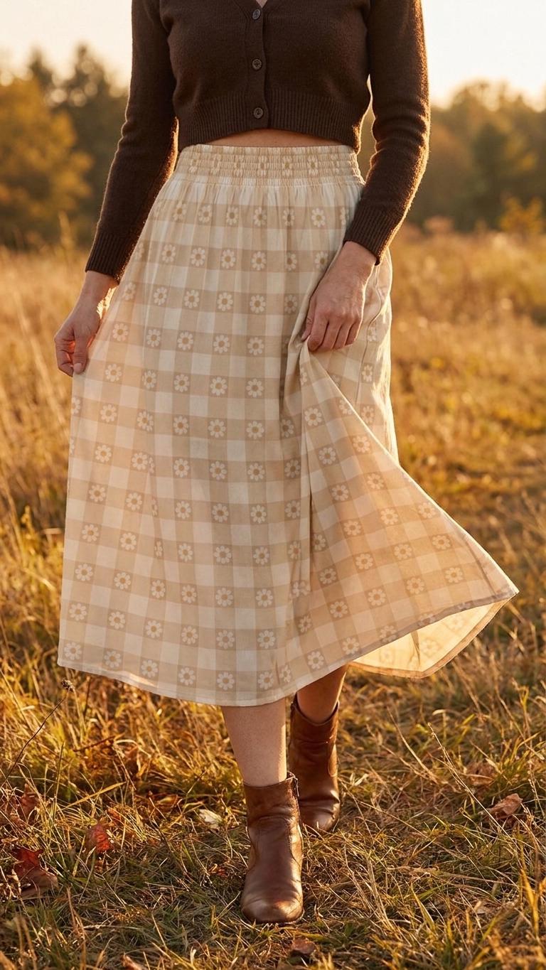 Beige Checks with Daisies High Waist Maxi Skirt, Vintage Inspired Boho Long Skirt