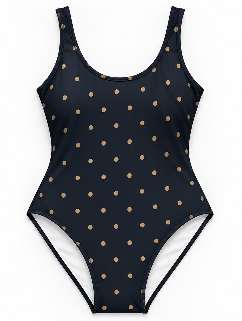 Open-Back One-Piece Swimsuit | Women's Bathing Suit | Fall Lakehouse Retro Swimwear | Black Polka-Dot