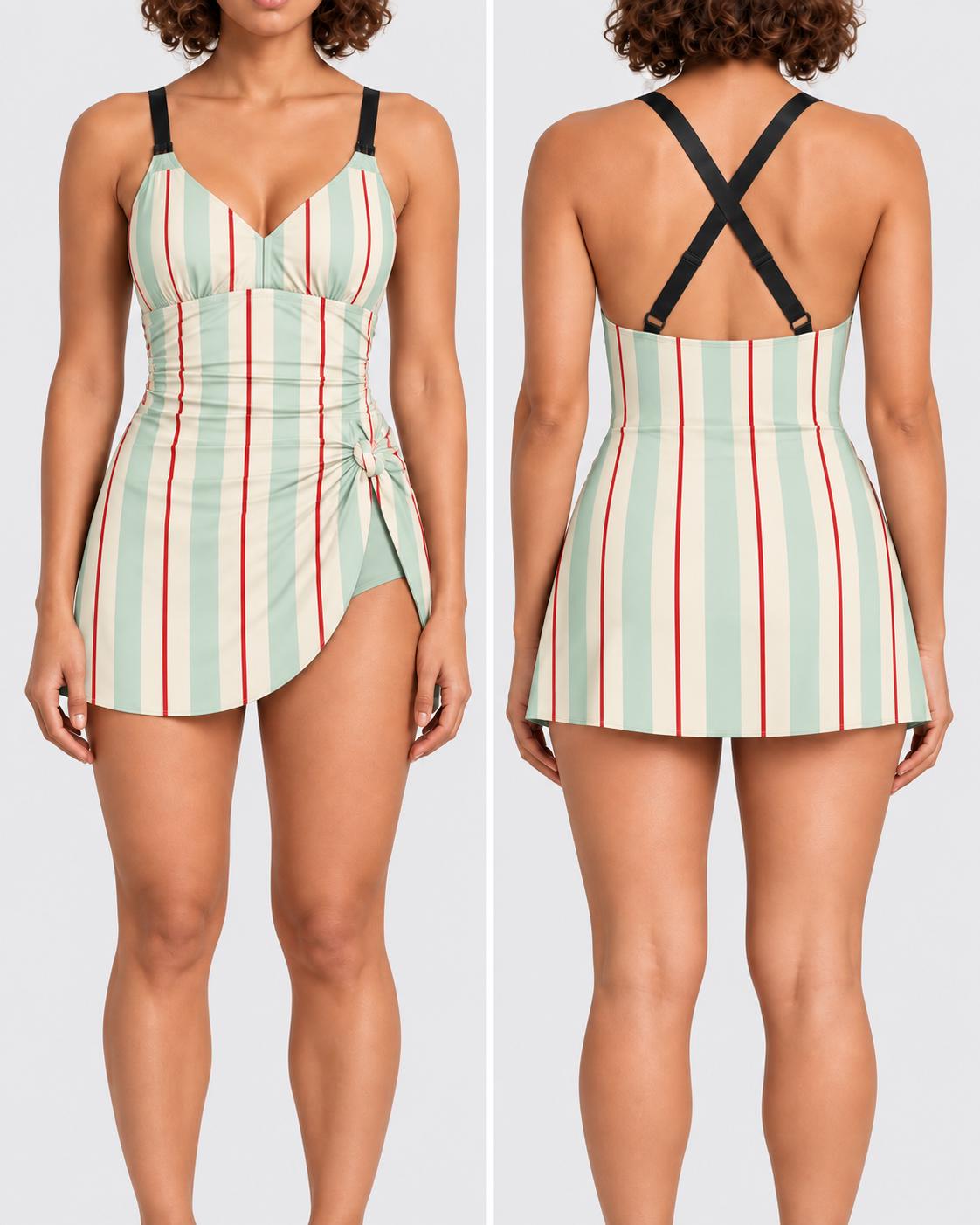 Retro Swim Dress, Integrated Bottoms & Adjustable Straps, Vintage-Inspired Modest One-Piece Romper, Vintage Stripes