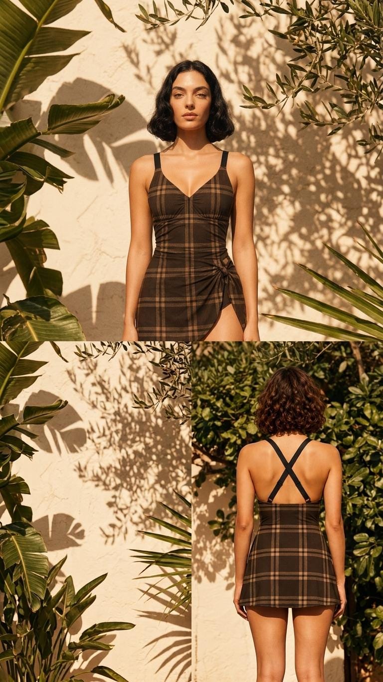 Retro Swim Dress, Integrated Bottoms & Adjustable Straps, Vintage-Inspired Modest One-Piece Romper, Dark Academia Tartan