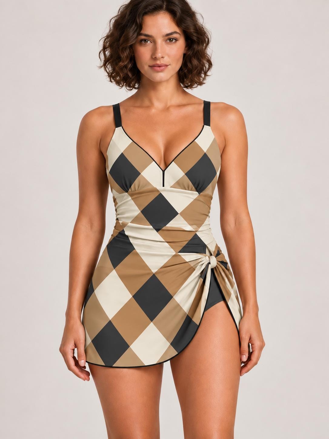 Retro Swim Dress, Integrated Bottoms & Adjustable Straps, Vintage-Inspired Modest One-Piece Romper, Mid-Century Checks