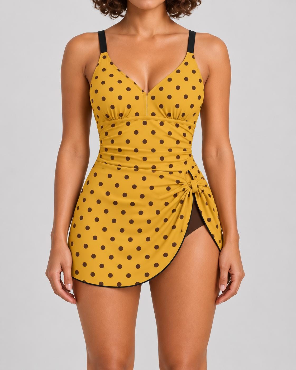 Retro Mustard Polka Dot Swim Dress, Modest One-Piece with Integrated Bottoms, Adjustable Straps