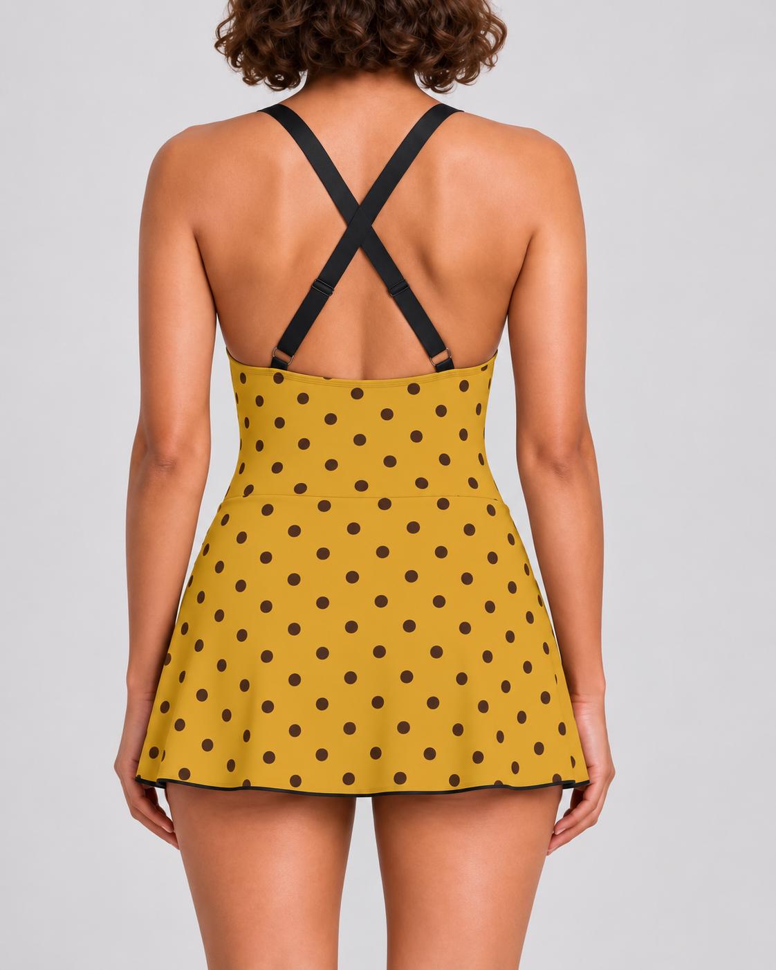 Retro Mustard Polka Dot Swim Dress, Modest One-Piece with Integrated Bottoms, Adjustable Straps