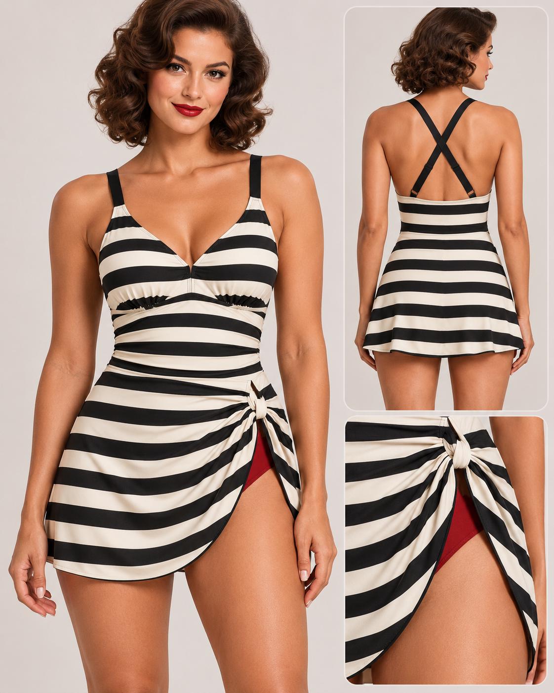 Retro Swim Dress, Integrated Bottoms & Adjustable Straps, Vintage-Inspired Modest One-Piece Romper, Mid-Century Stripes