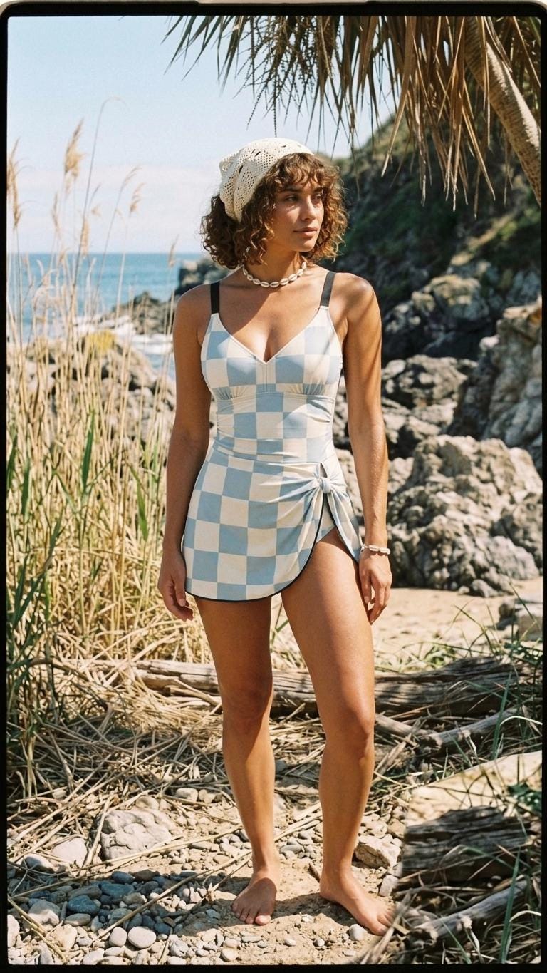 Retro Swim Dress, Integrated Bottoms & Adjustable Straps, Vintage-Inspired Modest One-Piece Romper, Mid-Century Blue Checks