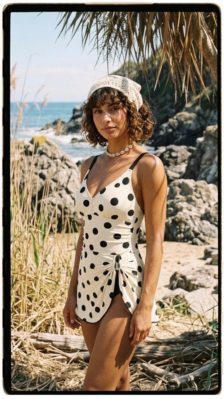 Retro White Large Polka Dot Swim Dress, Modest One-Piece with Integrated Bottoms, Adjustable Straps