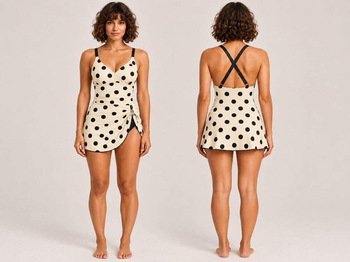 Retro White Large Polka Dot Swim Dress, Modest One-Piece with Integrated Bottoms, Adjustable Straps
