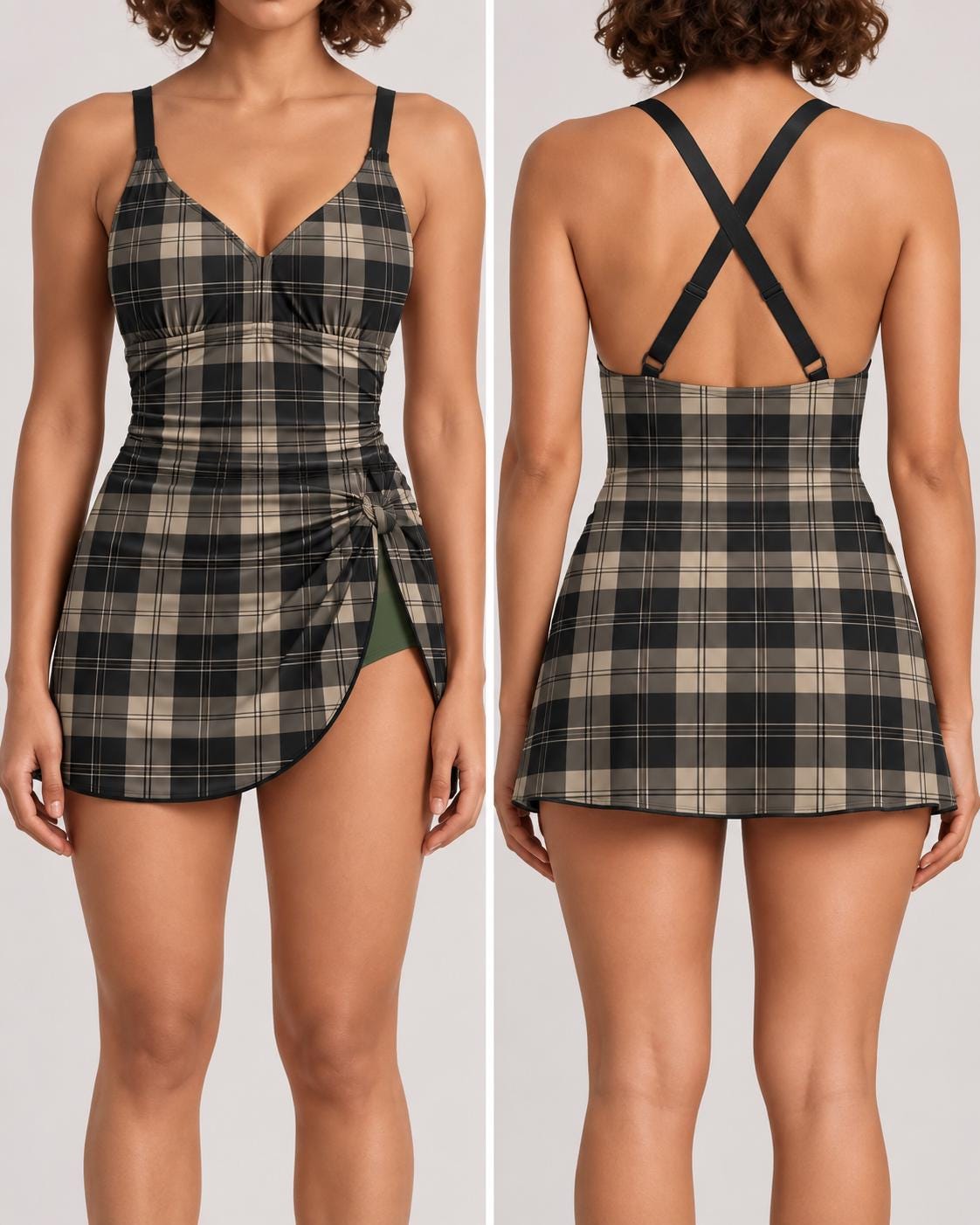 Retro Swim Dress, Charcoal Tartan Print, Adjustable Straps, Integrated Bottoms (One-Piece)