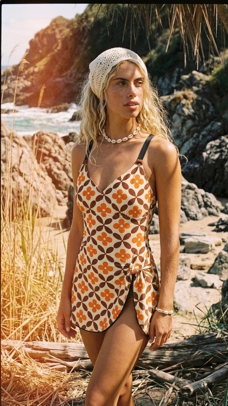 Retro Swim-Dress, Integrated Bottoms - Adjustable Straps, Modest One-Piece, Vintage Mid-Century Orange & Brown Print