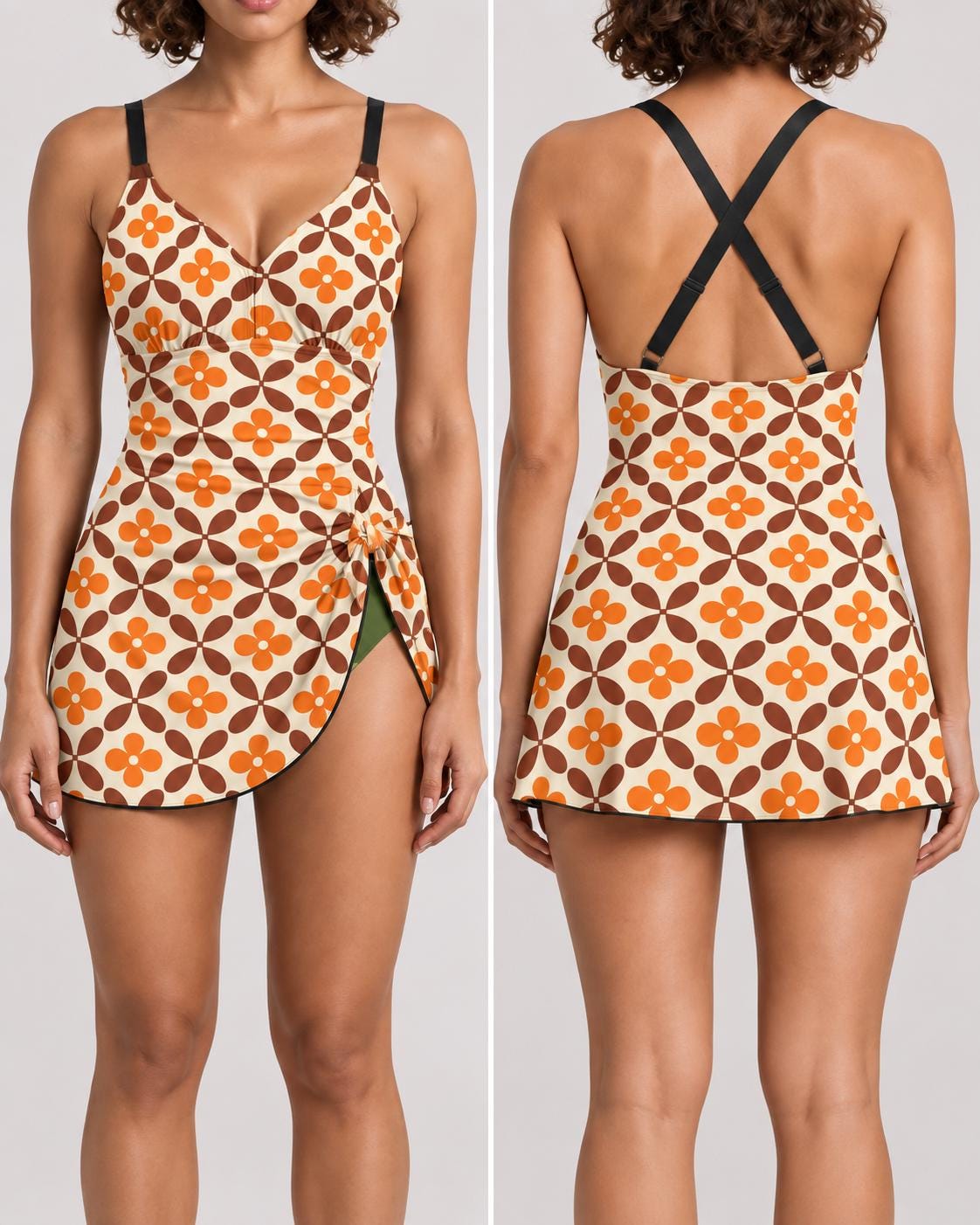 Retro Swim-Dress, Integrated Bottoms - Adjustable Straps, Modest One-Piece, Vintage Mid-Century Orange & Brown Print