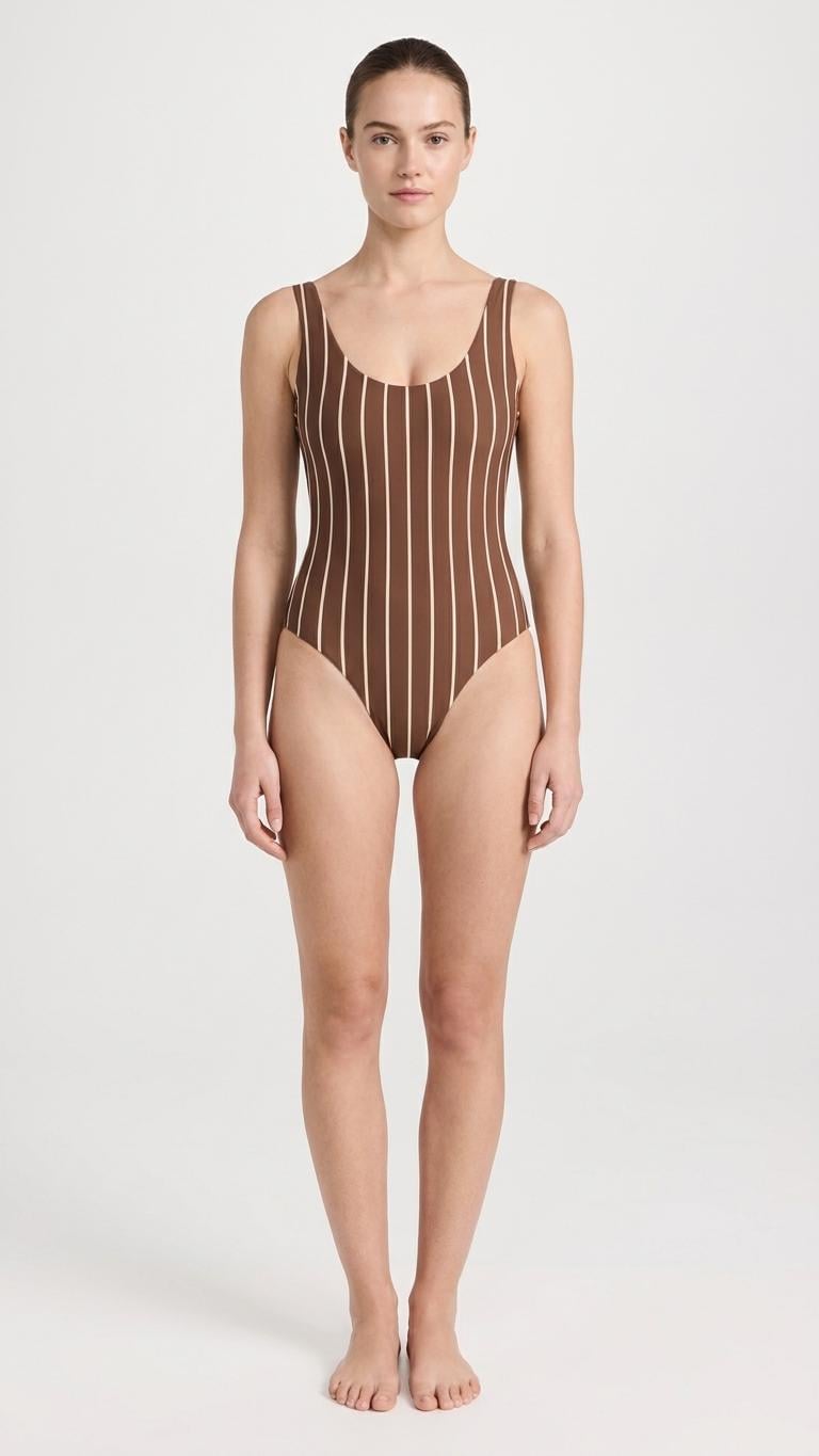 Open-Back One-Piece Swimsuit | Women's Bathing Suit | Fall Lakehouse Retro Swimwear | Brown Pinstripe