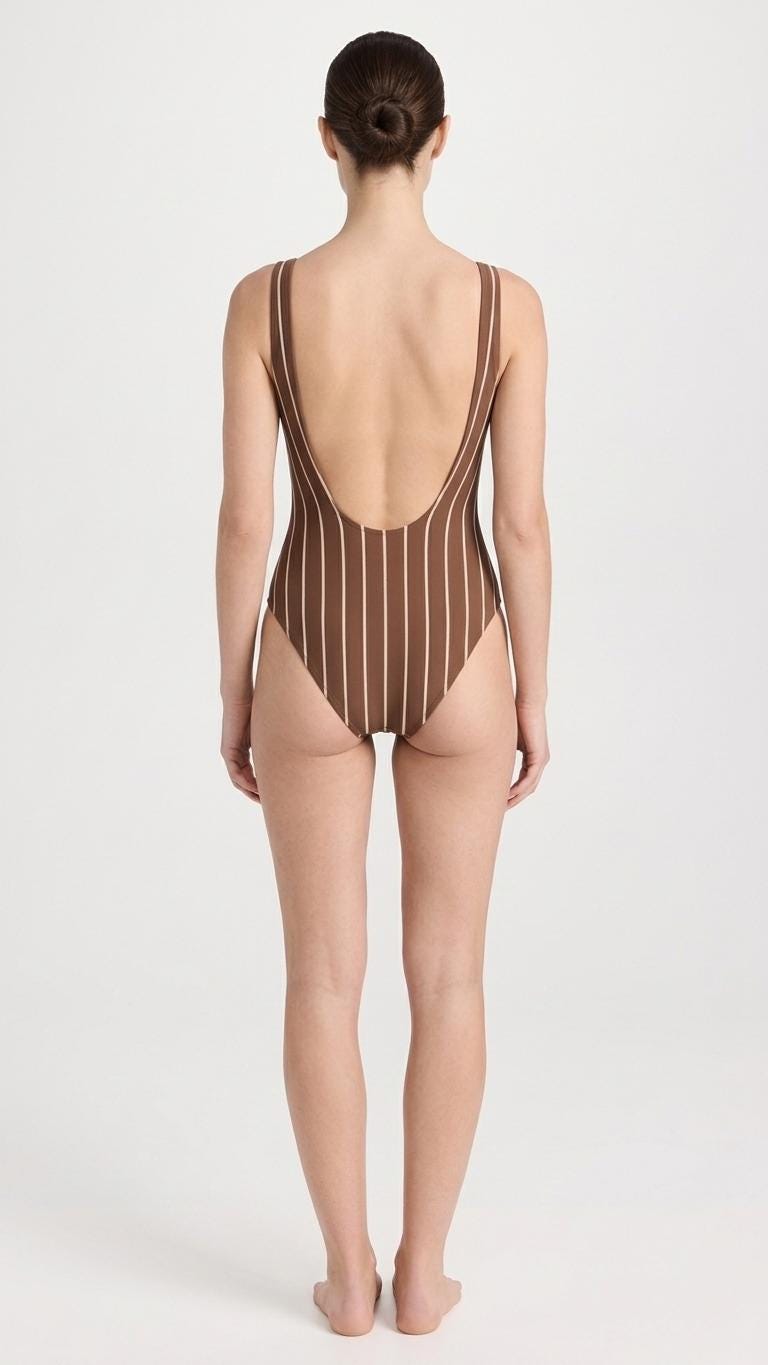 Open-Back One-Piece Swimsuit | Women's Bathing Suit | Fall Lakehouse Retro Swimwear | Brown Pinstripe