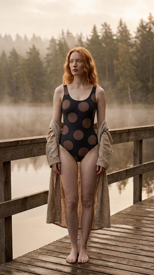 Open-Back One-Piece Swimsuit | Women's Bathing Suit | Fall Lakehouse Retro Swimwear | Large Brown Spots