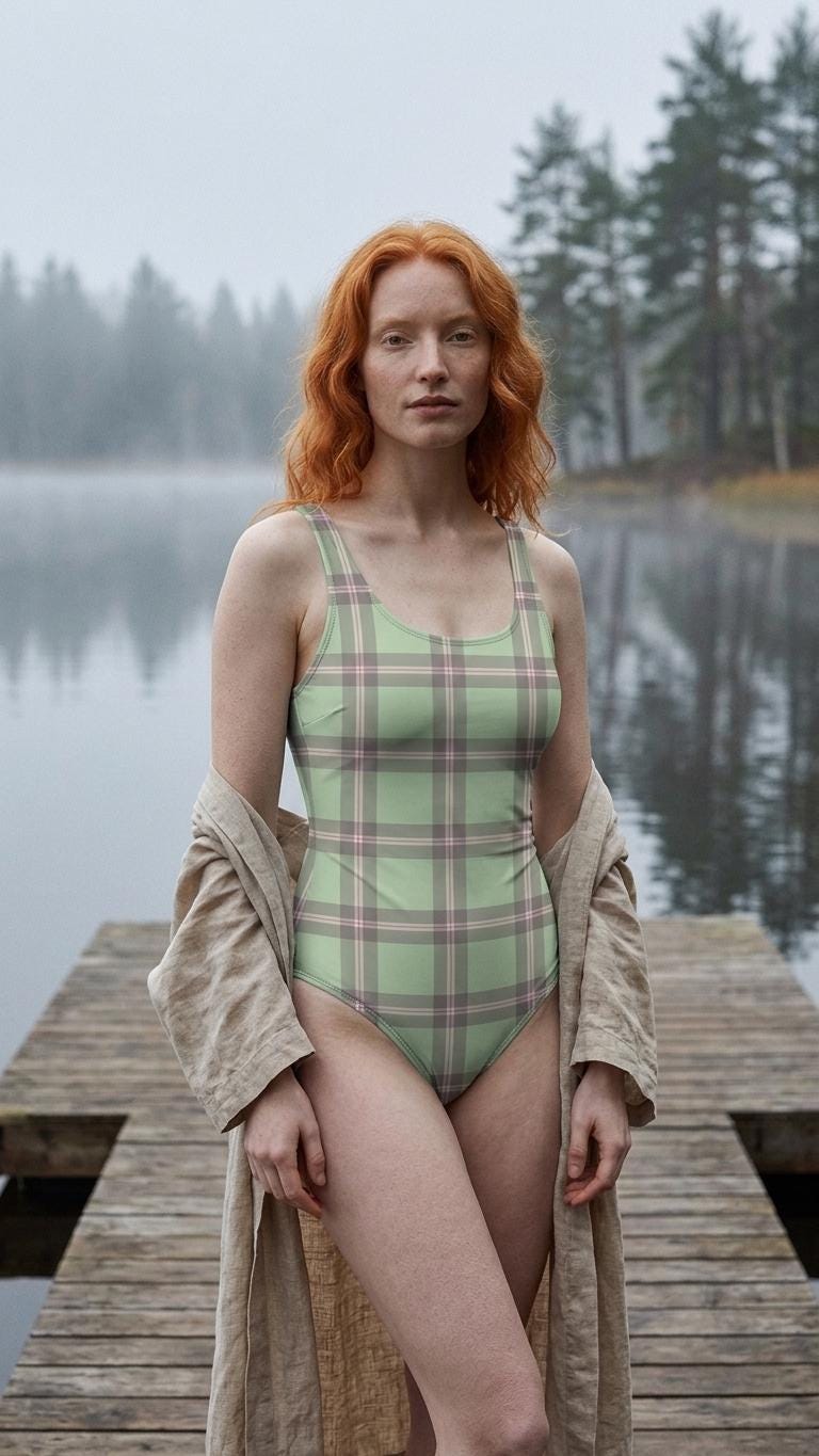 Open-Back One-Piece Swimsuit | Women's Bathing Suit | Fall Lakehouse Retro Swimwear | Mint Tartan