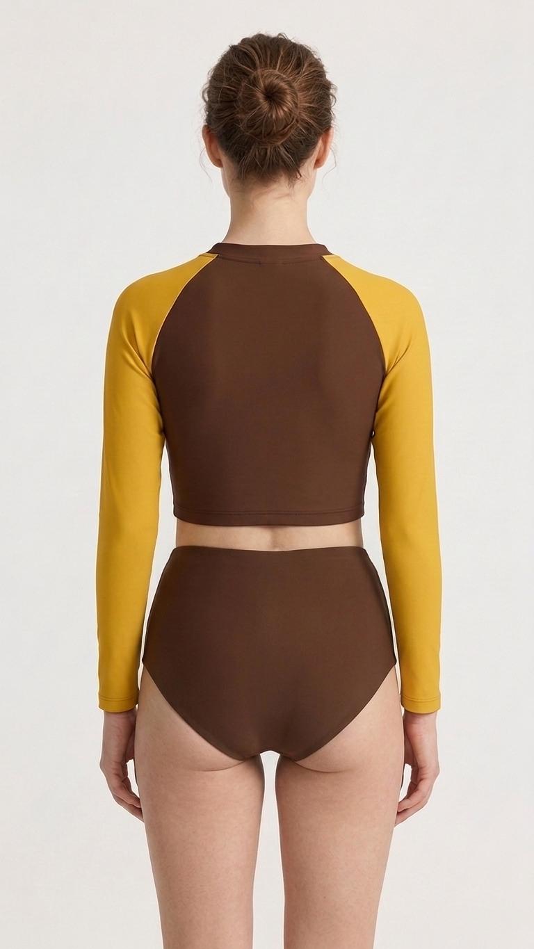 Retro Mod 1960s-Inspired Long-Sleeve Rash-Guard Bikini | Two-Piece Swimsuit with High-Waisted Bottoms | Brown & Yellow