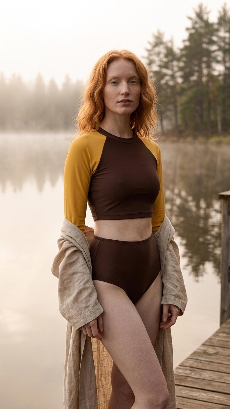 Retro Mod 1960s-Inspired Long-Sleeve Rash-Guard Bikini | Two-Piece Swimsuit with High-Waisted Bottoms | Brown & Yellow