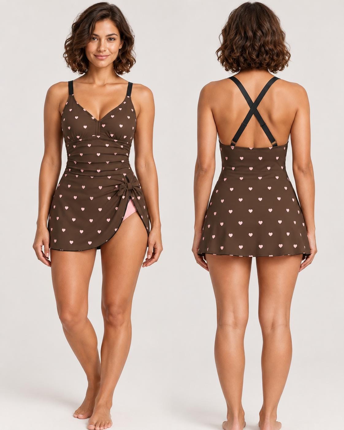 Retro Kawaii Hearts Swim Dress, Modest One-Piece with Integrated Bottoms, Adjustable Straps, Brown & Pink