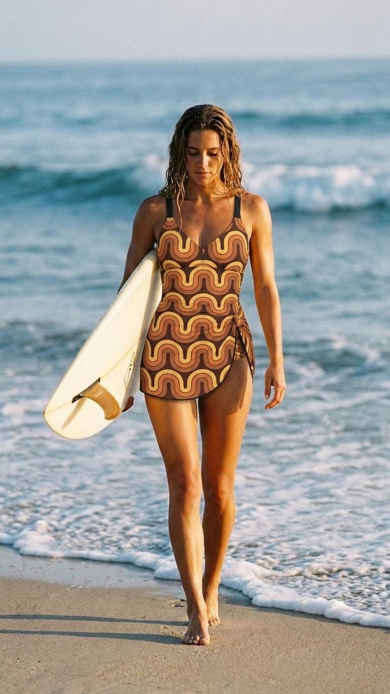 Retro Swim-Dress, Integrated Bottoms - Adjustable Straps, Modest One-Piece, Vintage Seventies Groovy Waves