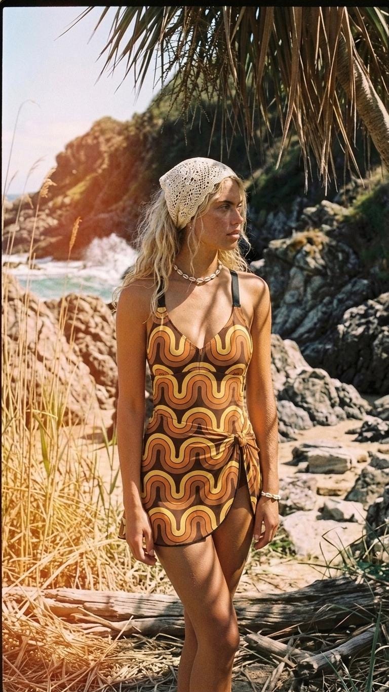 Retro Swim-Dress, Integrated Bottoms - Adjustable Straps, Modest One-Piece, Vintage Seventies Groovy Waves
