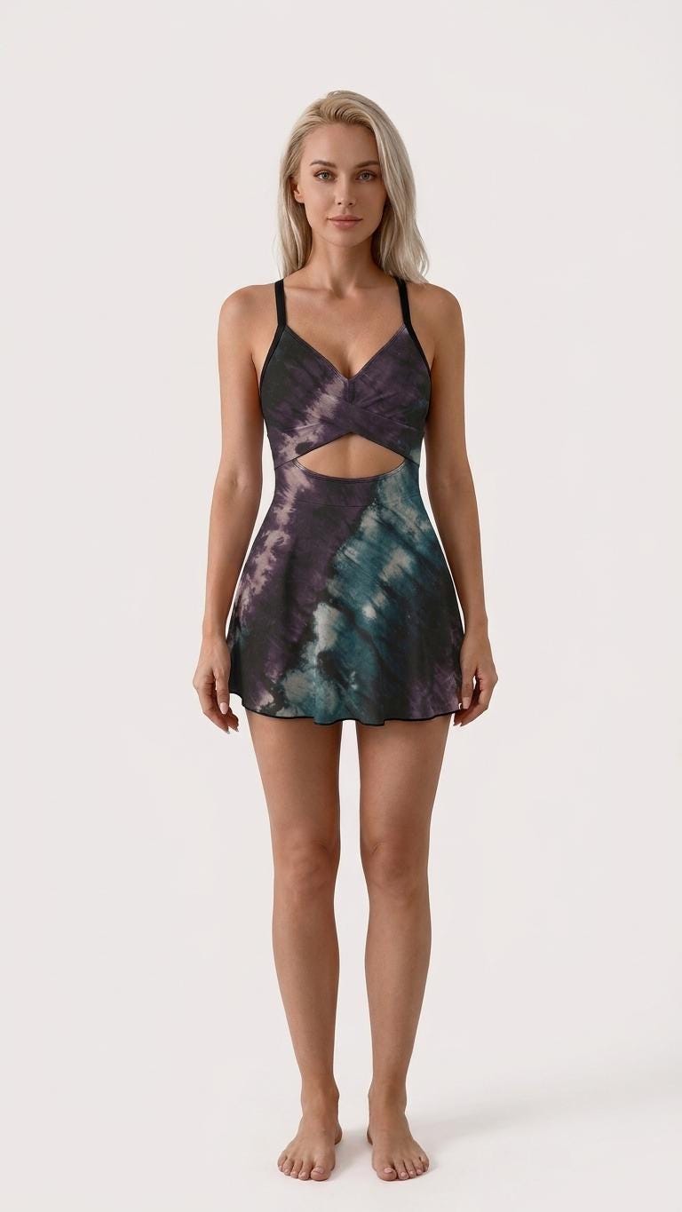 Skirted One-Piece Swimsuit with Cut-Out Detail | Integrated Bottoms | Purple Dark Tie Dye Print