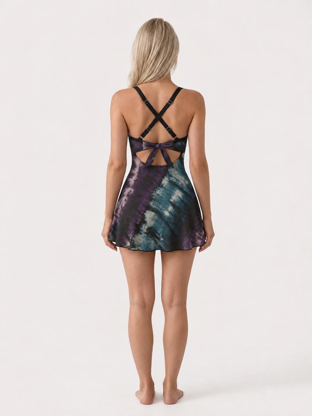 Skirted One-Piece Swimsuit with Cut-Out Detail | Integrated Bottoms | Purple Dark Tie Dye Print