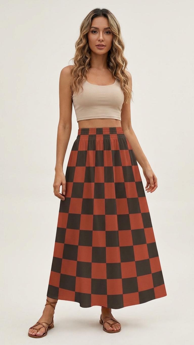 Red Checks High Waist Maxi Skirt, Vintage Inspired Boho Long Skirt