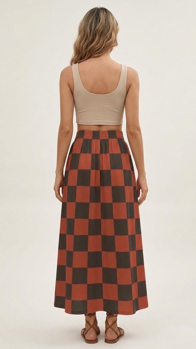 Red Checks High Waist Maxi Skirt, Vintage Inspired Boho Long Skirt
