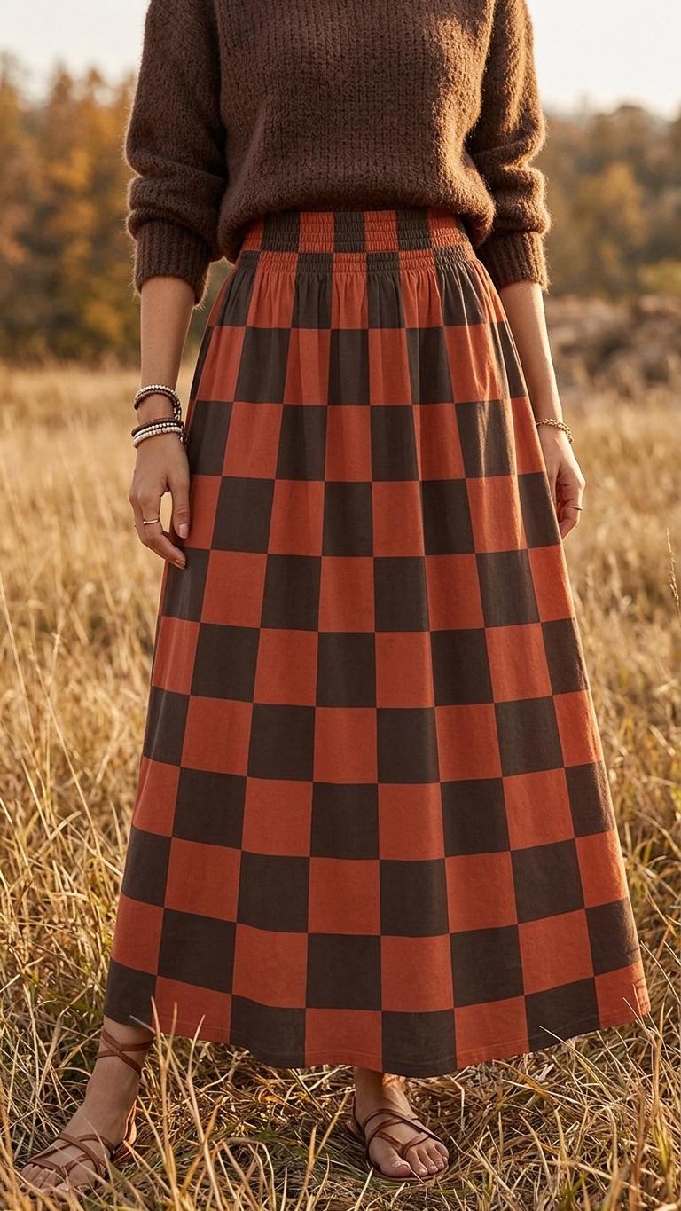 Red Checks High Waist Maxi Skirt, Vintage Inspired Boho Long Skirt