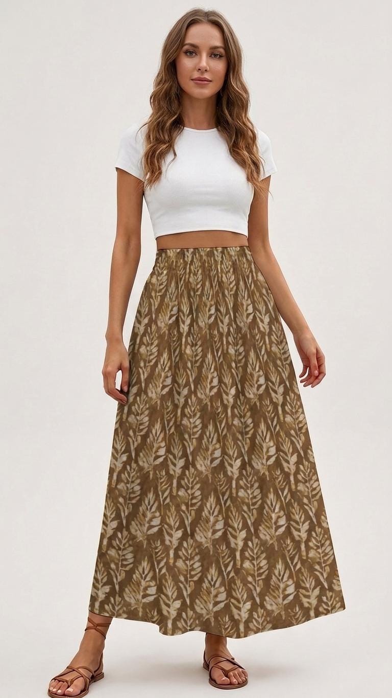 Faux Batik Foliage Print High Waist Maxi Skirt, Vintage Inspired Boho Long Skirt