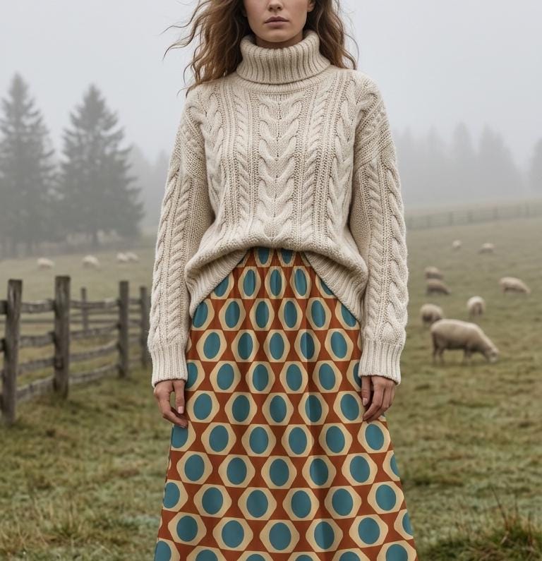 Mod Mid-Century Print High Waist Maxi Skirt, Vintage Inspired Boho Long Skirt