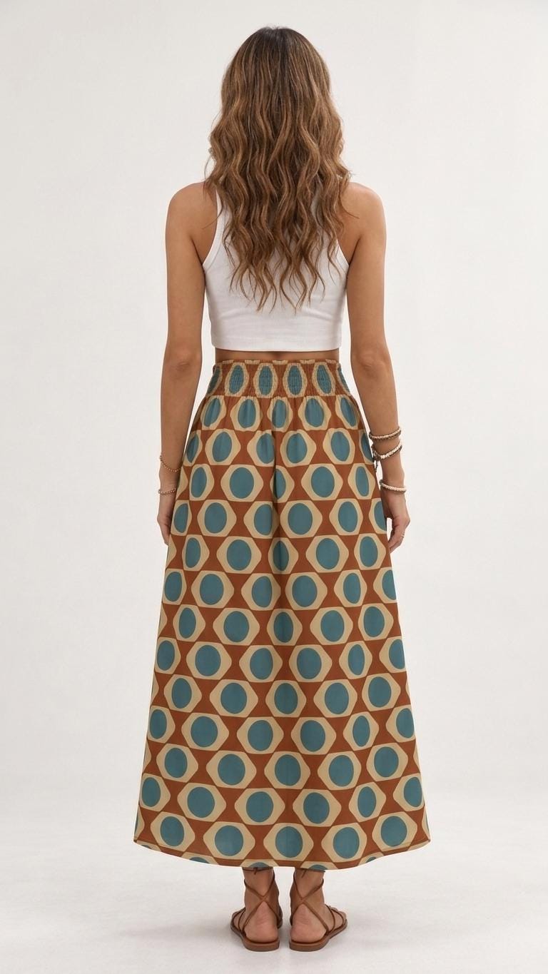 Mod Mid-Century Print High Waist Maxi Skirt, Vintage Inspired Boho Long Skirt