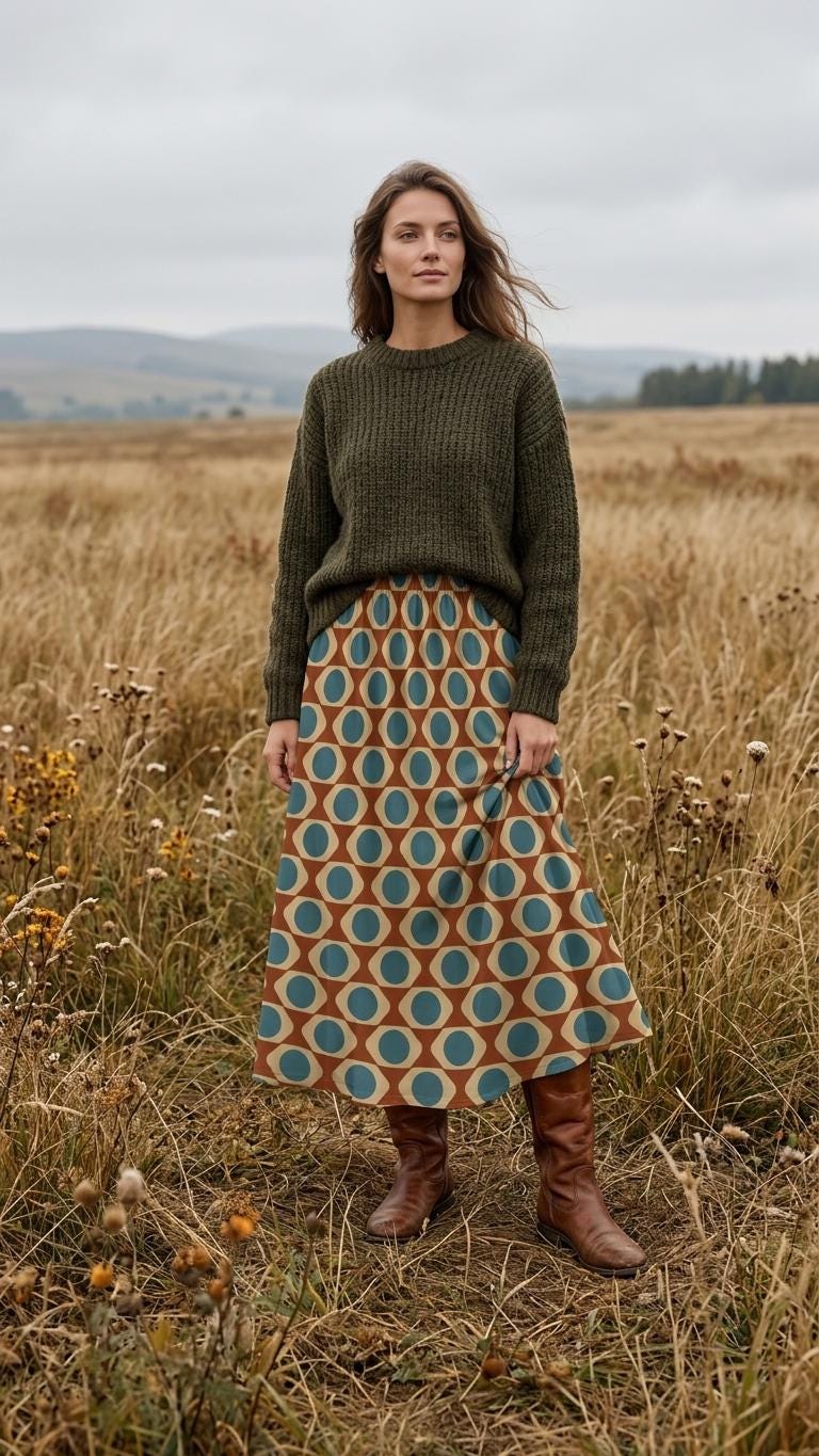Mod Mid-Century Print High Waist Maxi Skirt, Vintage Inspired Boho Long Skirt
