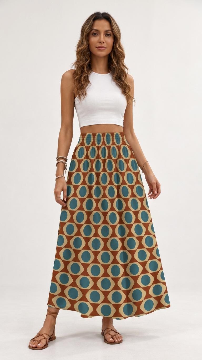 Mod Mid-Century Print High Waist Maxi Skirt, Vintage Inspired Boho Long Skirt