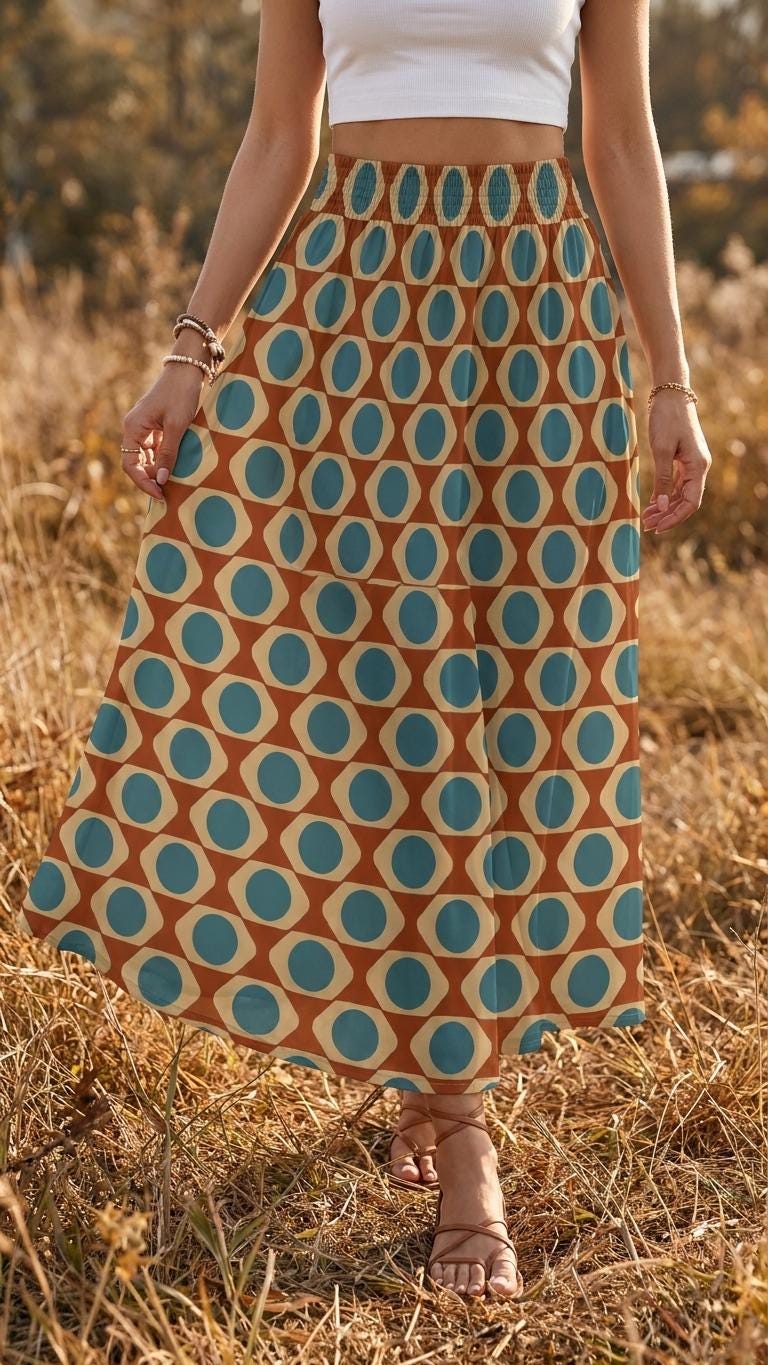 Mod Mid-Century Print High Waist Maxi Skirt, Vintage Inspired Boho Long Skirt