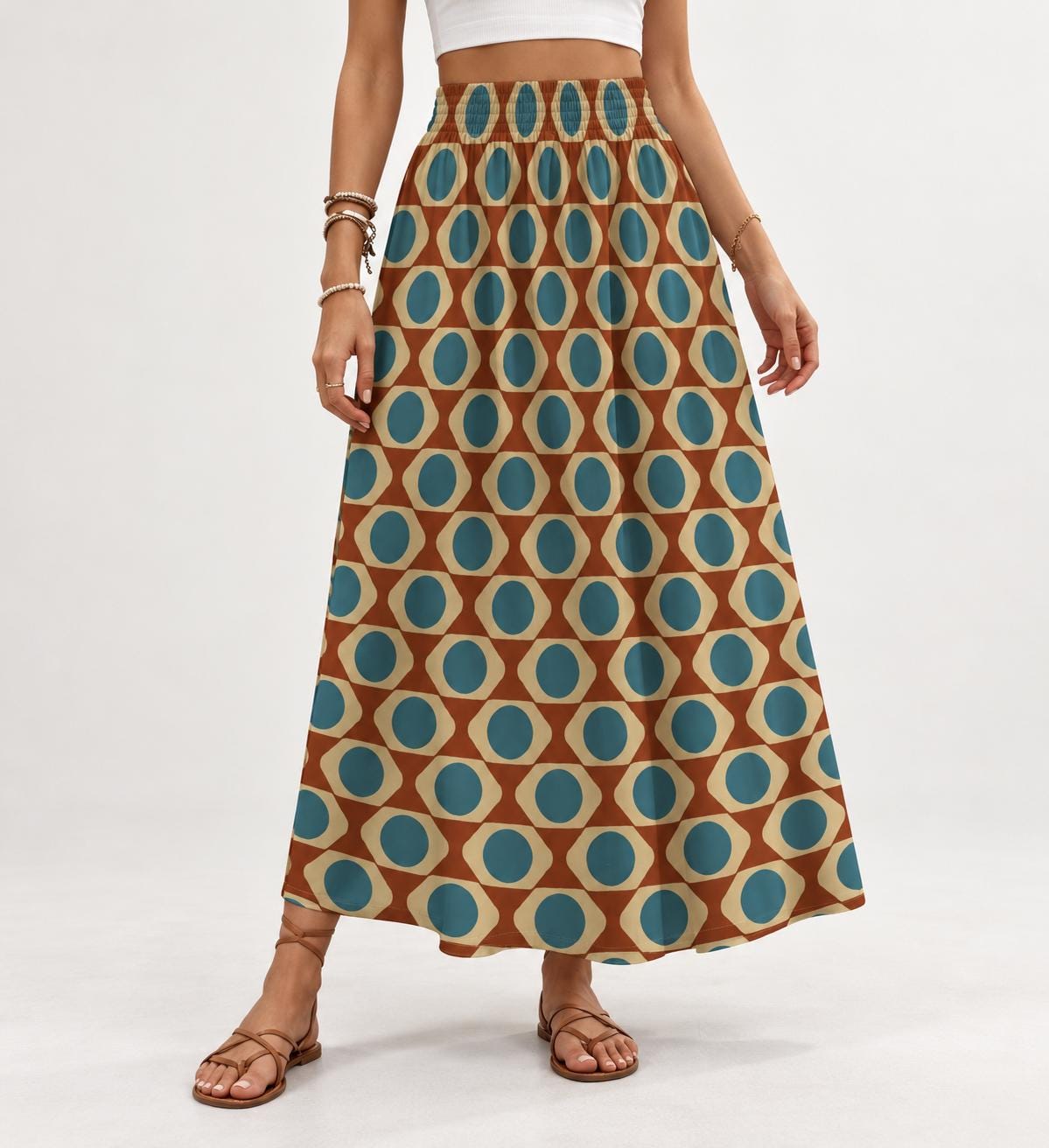 Mod Mid-Century Print High Waist Maxi Skirt, Vintage Inspired Boho Long Skirt