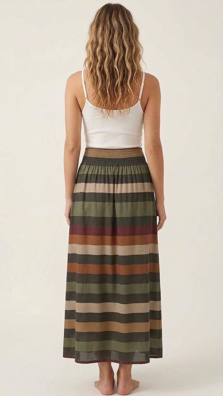 Retro Stripes High Waist Maxi Skirt, Vintage Inspired Boho Long Skirt