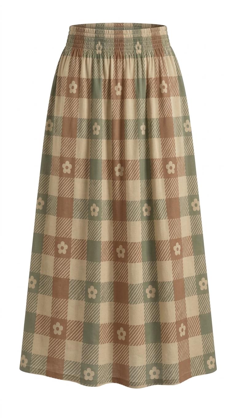 Beige Red Green Checks with Daisies High Waist Maxi Skirt, Vintage Inspired Boho Long Skirt