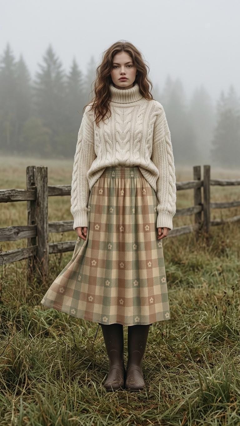 Beige Red Green Checks with Daisies High Waist Maxi Skirt, Vintage Inspired Boho Long Skirt
